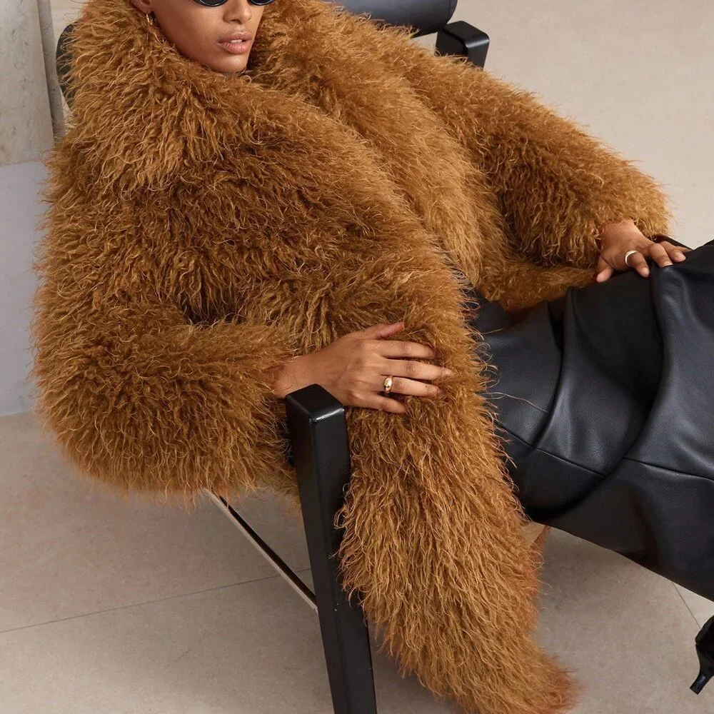 Brown Casual Women's Fluffy Long Faux Fur Coat - Picture 2 of 8